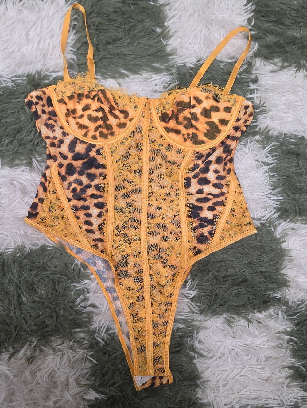 Shein Yellow Leopard Lace Body Suit
